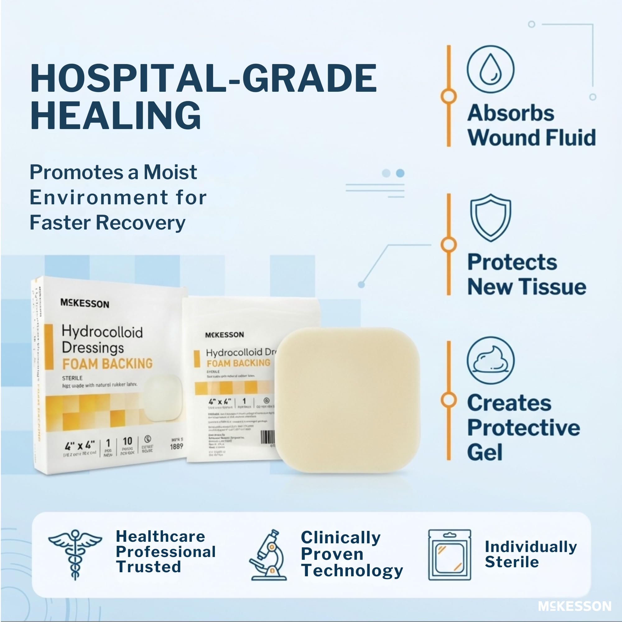 McKesson Hydrocolloid Dressings with Foam Backing, Sterile (10 Dressings) - Self-Adhesive Sterile Bandage, Waterproof Patch for Bed Sore, Mild Burn, Blister, Acne Care - 4 in x 4 in - Image 6