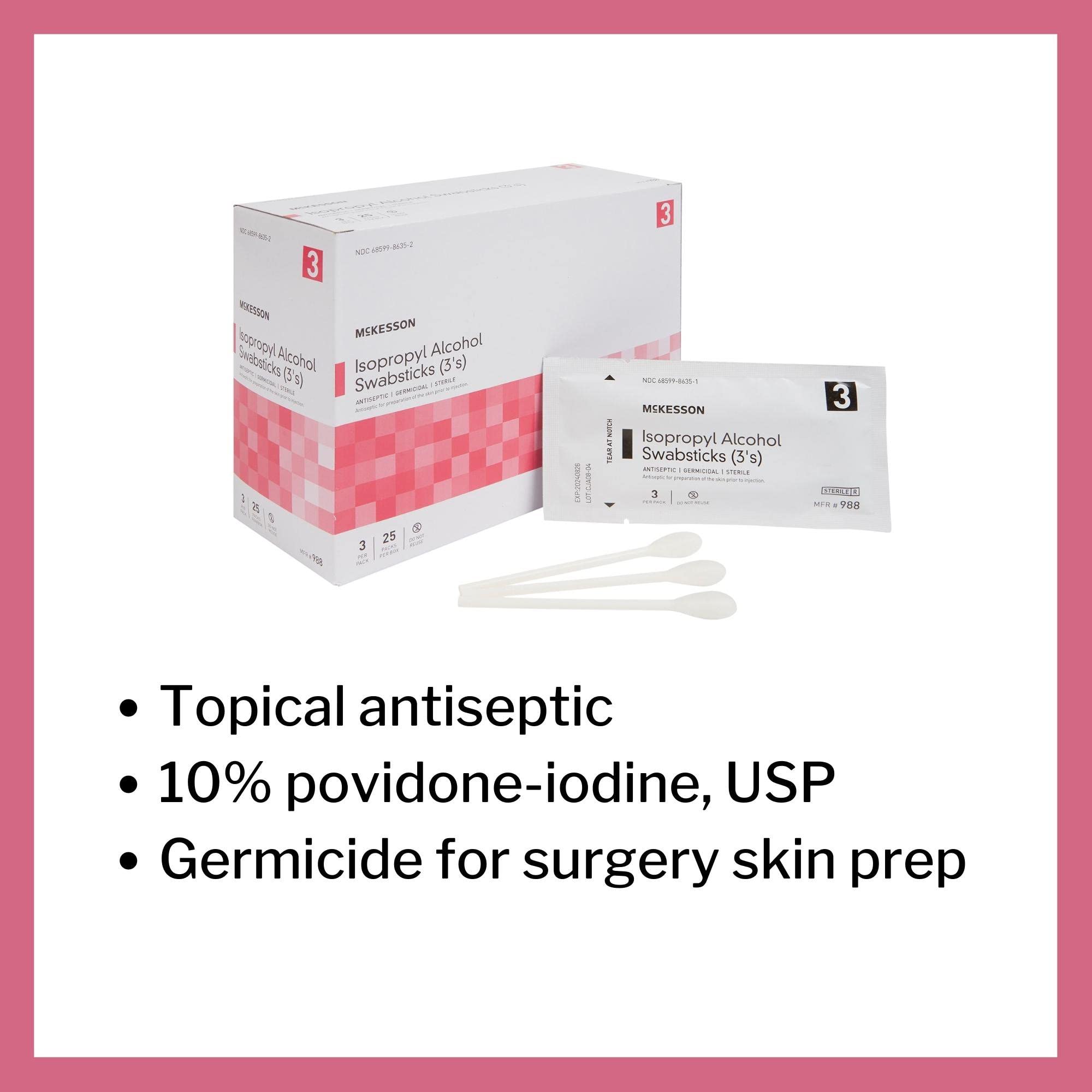 McKesson Isopropyl Alcohol Swabsticks [75 Swabs] Sterile, Individual Wrapped, 3 Per Packs, 25 Packs - Image 3