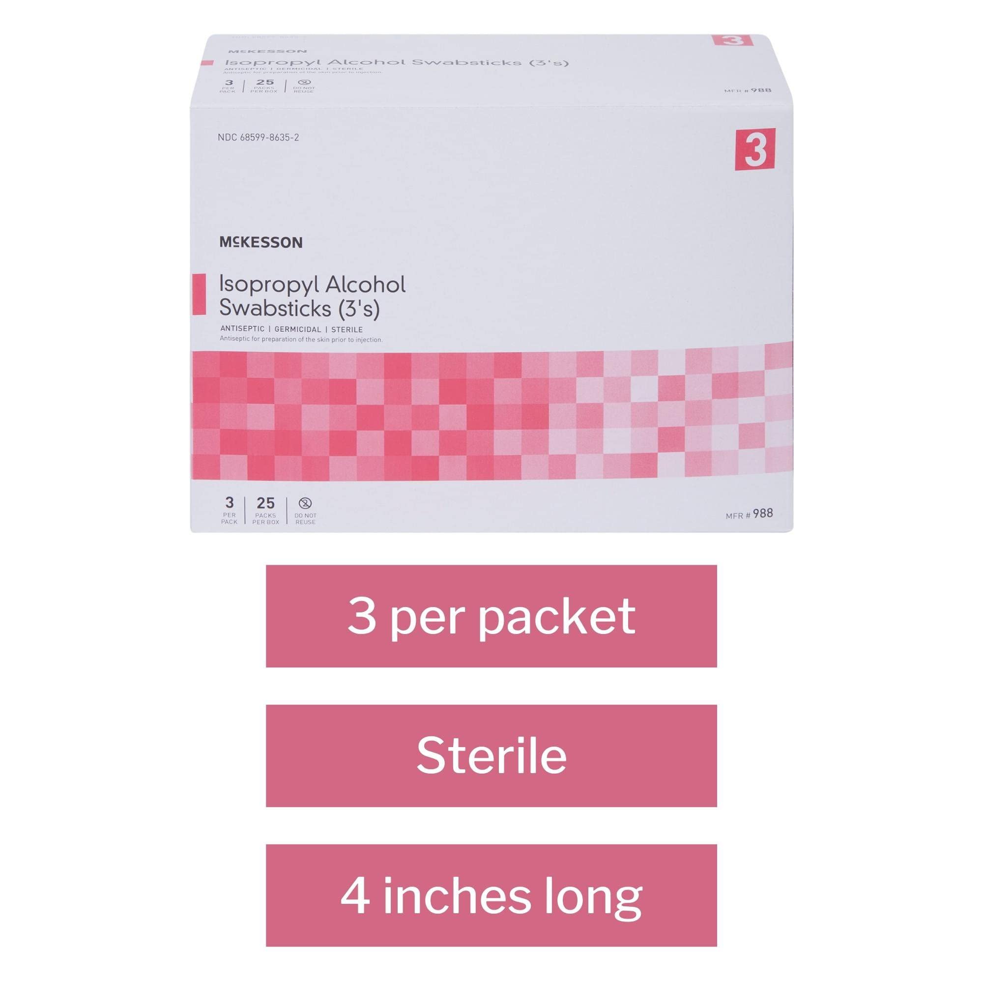 McKesson Isopropyl Alcohol Swabsticks [75 Swabs] Sterile, Individual Wrapped, 3 Per Packs, 25 Packs - Image 4