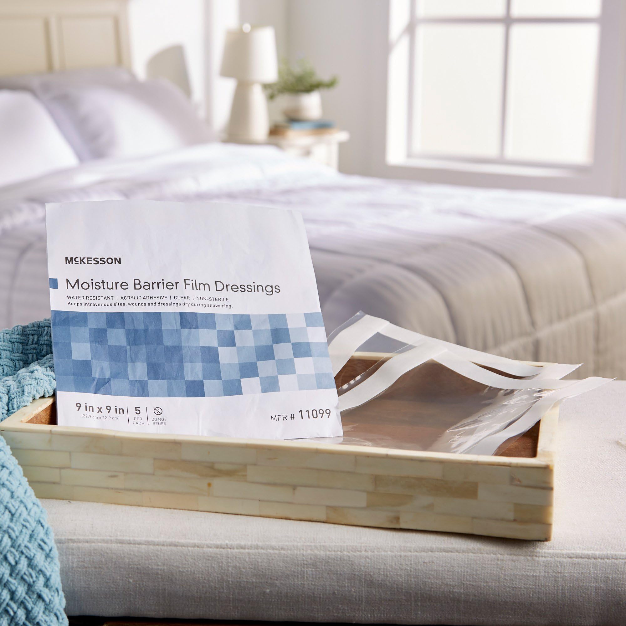 McKesson Moisture Barrier Film Dressings - Water-Resistant Wound Protector for Showering - 9 in x 9 in, 5 Count, 140 Packs, 700 Total - Image 9