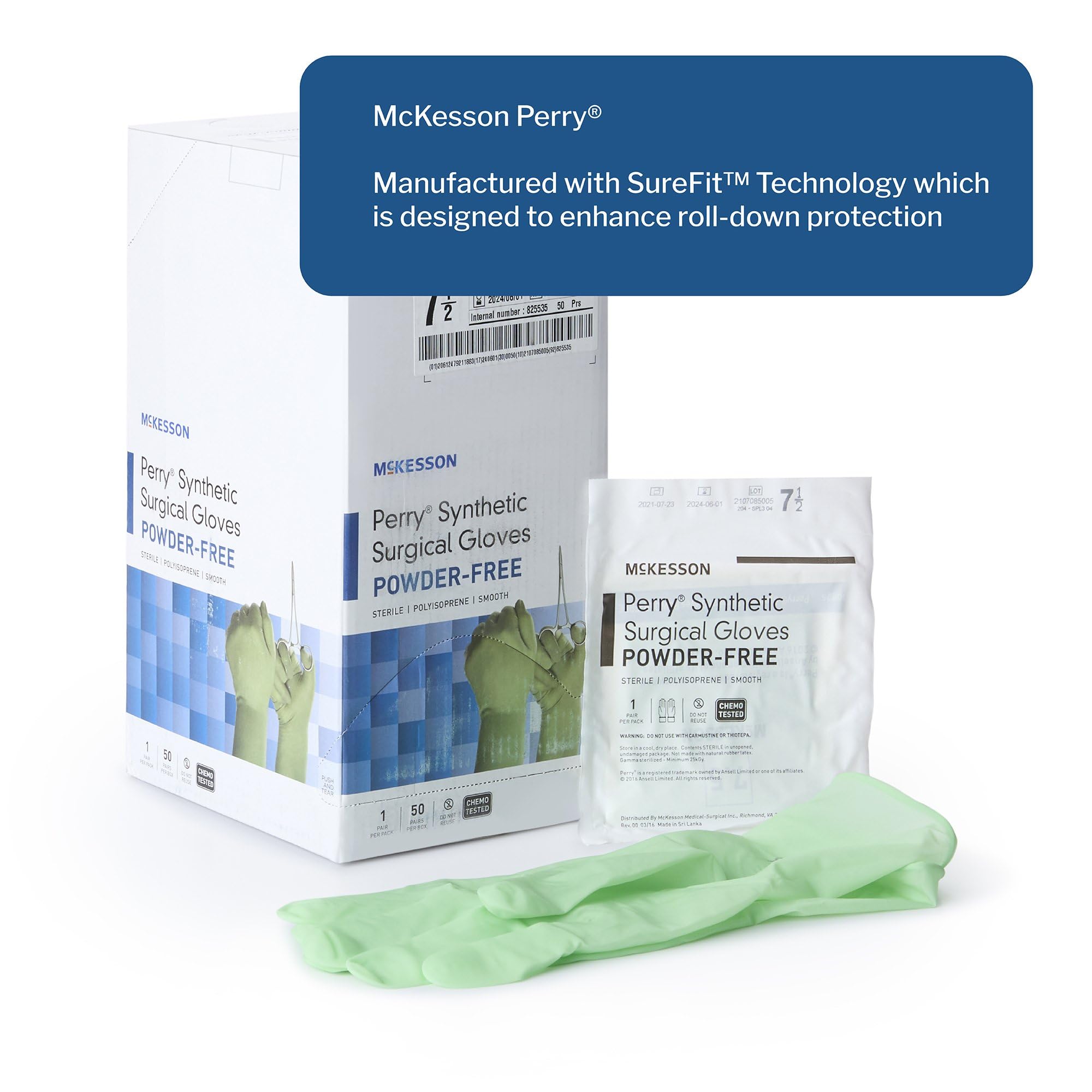McKesson Perry Synthetic Surgical Gloves [50 Pairs] Sterile, Polyisoprene, Disposable, Powder-Free, Professional Medical and Healthcare, Chemo Tested, Size 7.5, Green - Image 3
