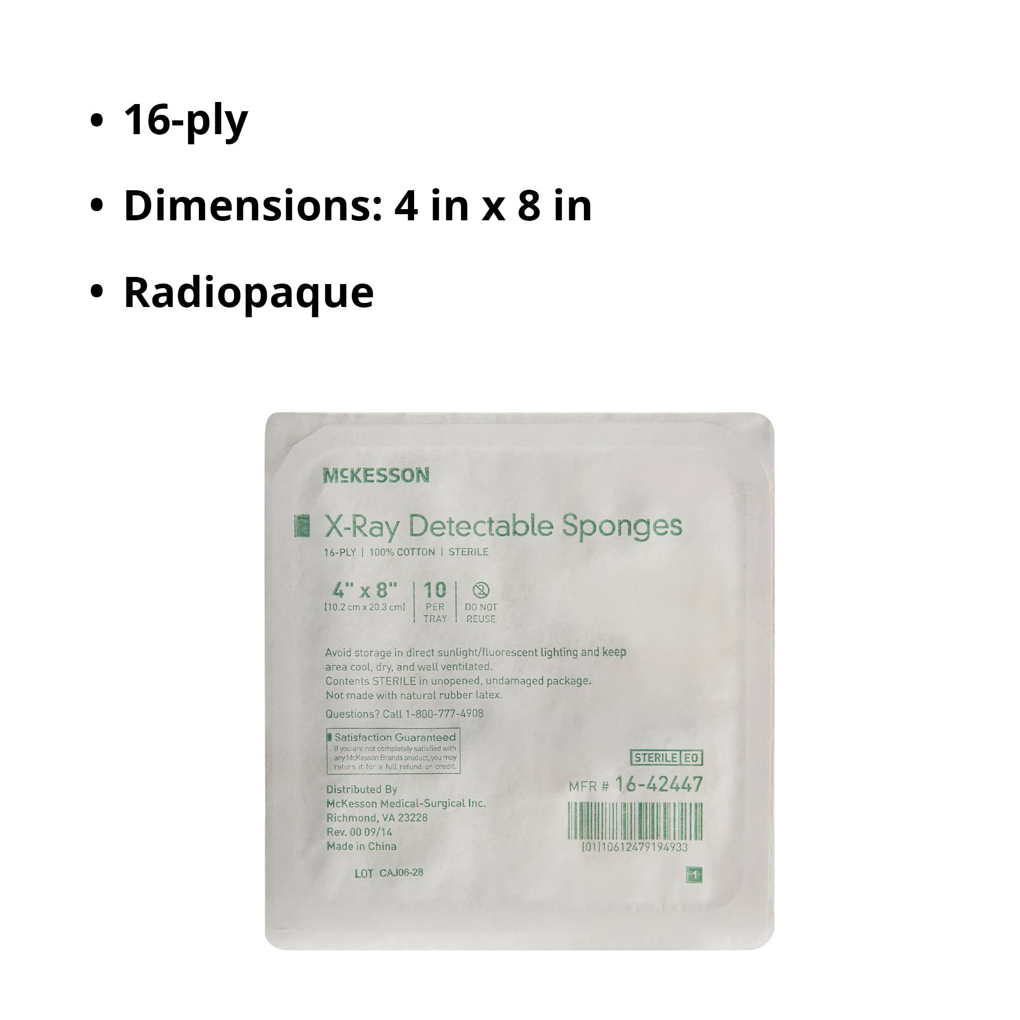 McKesson X-Ray Detectable Sponge, Sterile, 16-Ply, 4 in x 8 in, 10 per Pack, 80 Packs, 800 Total - Image 3